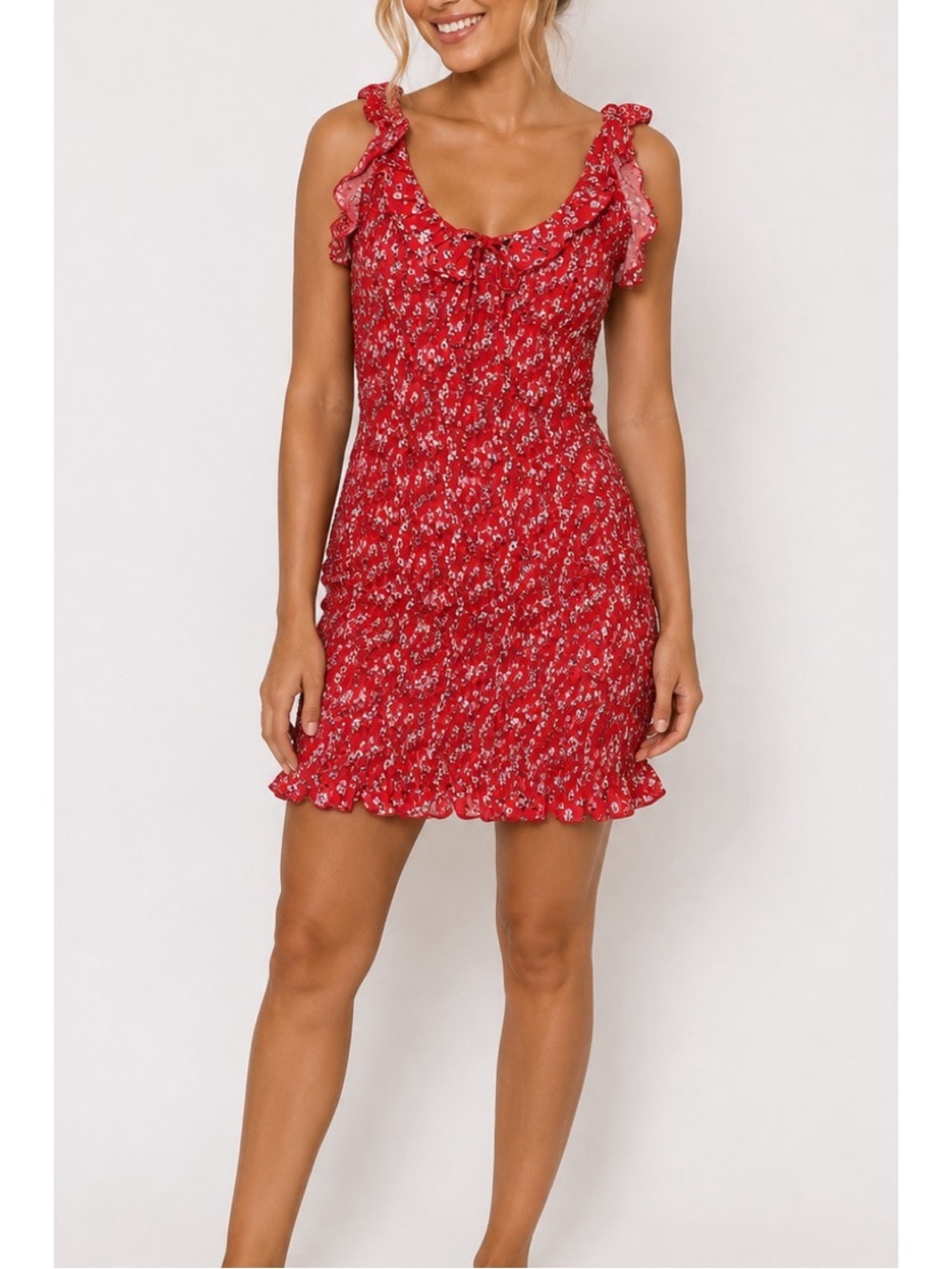 Japna Red floral mini dress featuring a delicate all-over white floral print